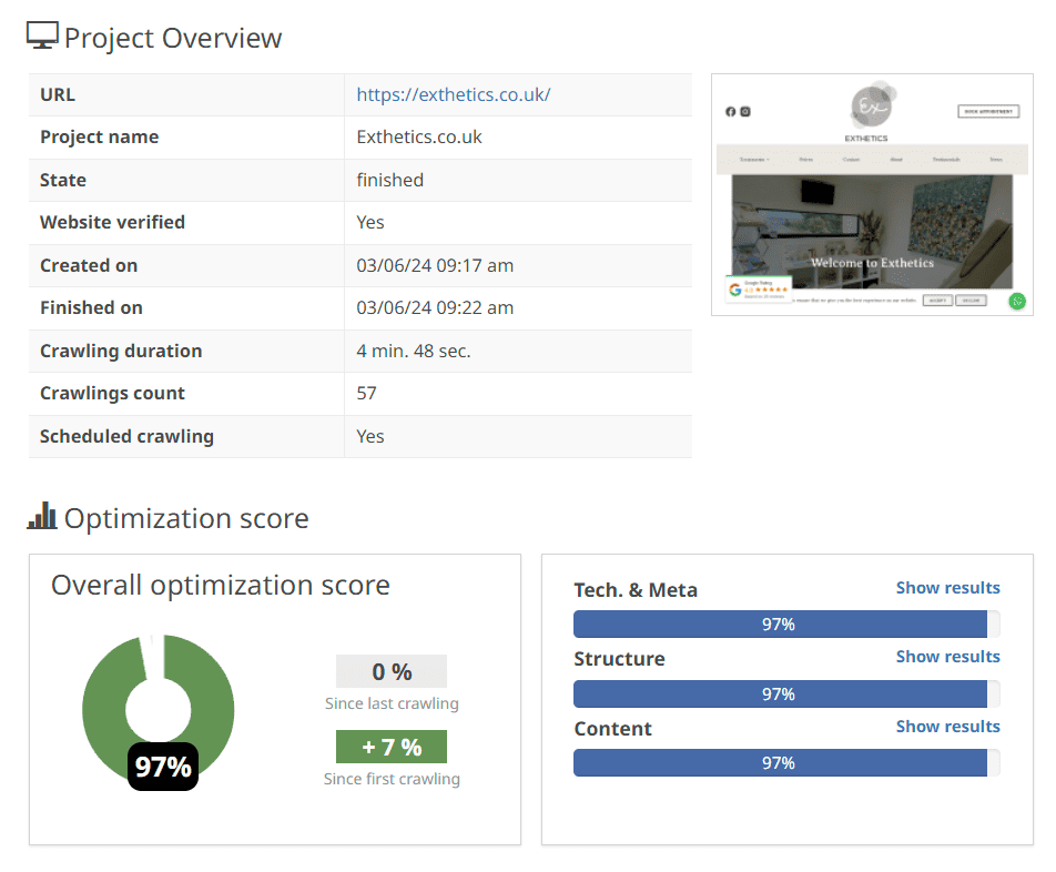 Exthetics Craw Results Showing 97% Optimisation